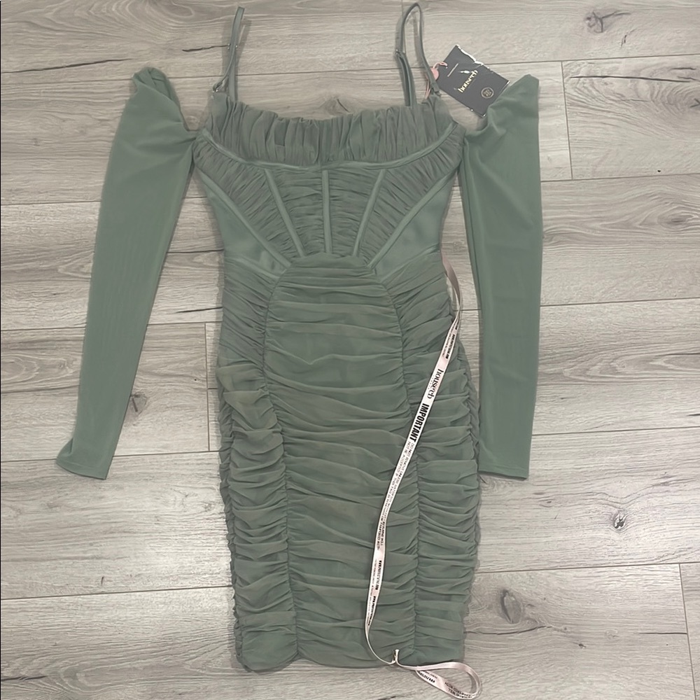 House of CB Olive Green Ruched Mini Dress